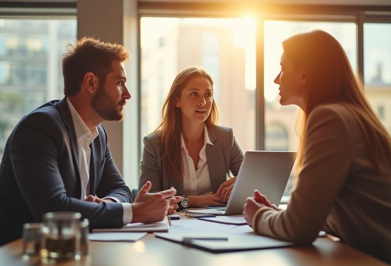 Journalists collaborating and discussing a story in a modern, sunlit office environment