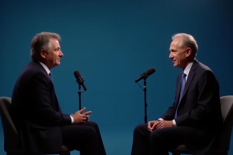 Two individuals, a journalist and a minister, seated opposite each other engaged in a serious discussion during a televised interview setting