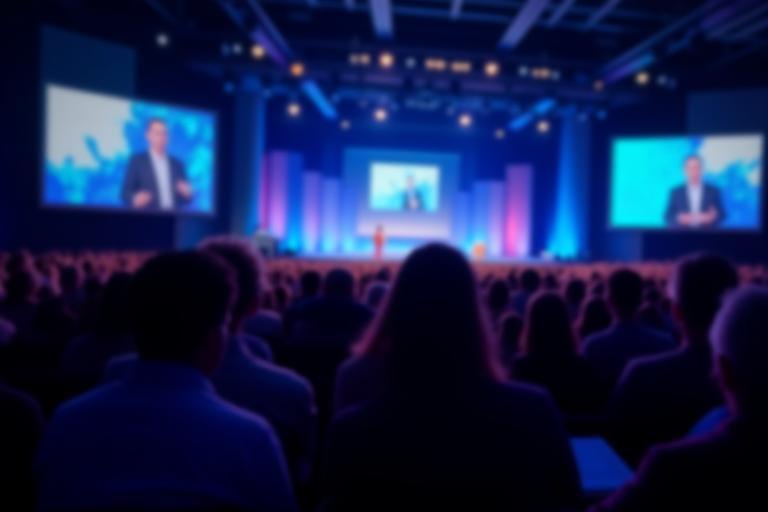 A large auditorium filled with people attending a technology conference, focusing on a presenter on a large screen