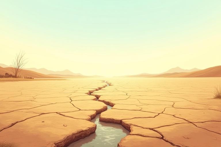 Illustration depicting a cracked, dry riverbed under a harsh sun, symbolizing severe water scarcity